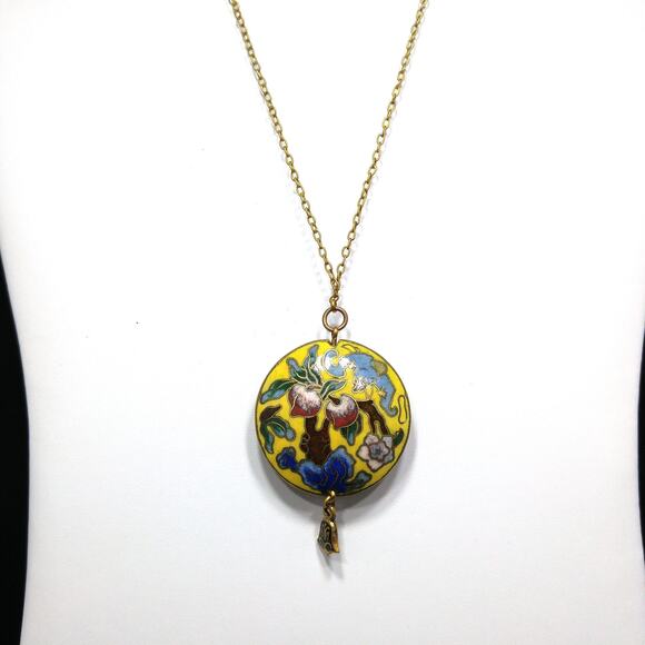 Vintage 1960s Cloisonné Yellow Enamel Puffy Pendant Necklace Floral Double Sided - Picture 4 of 10
